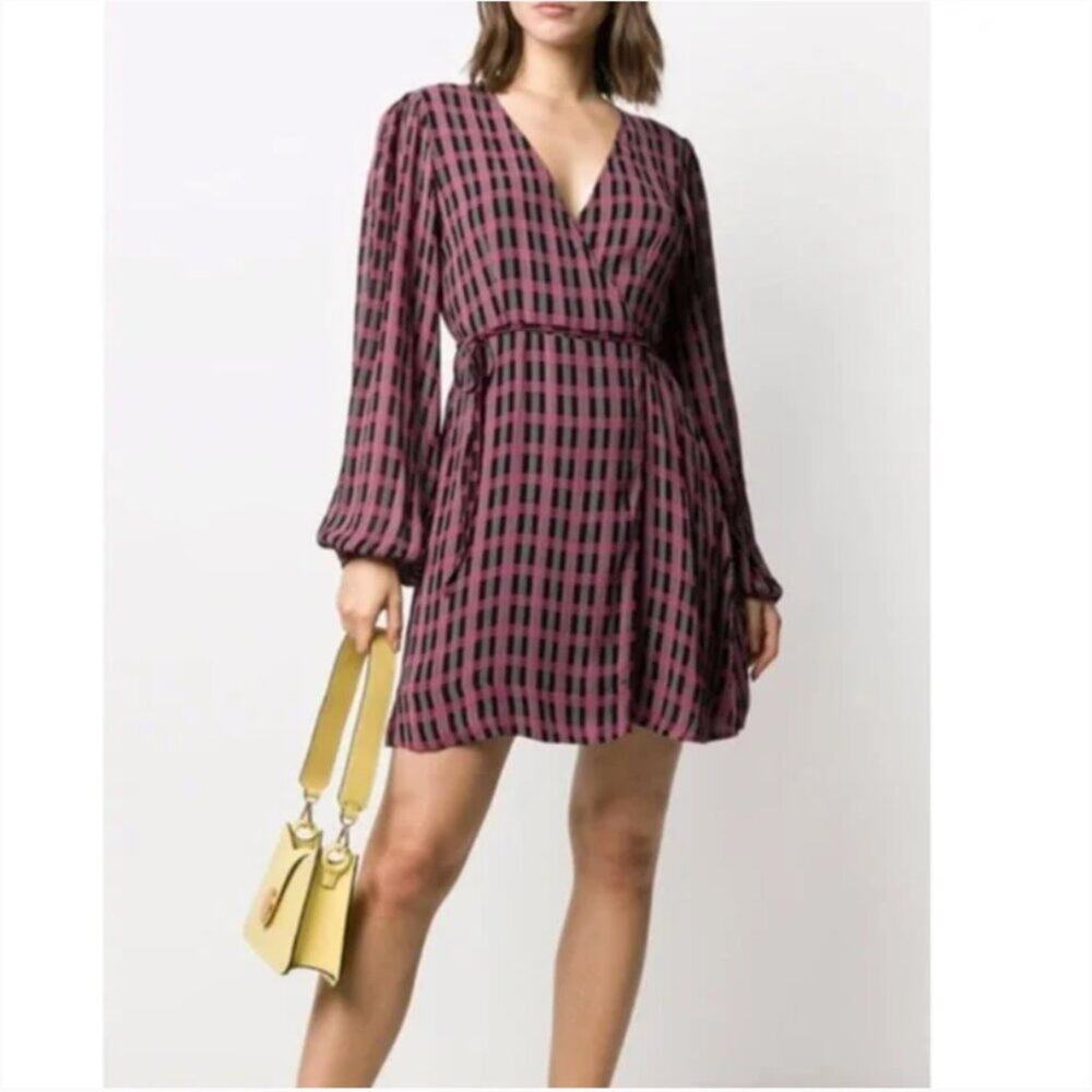 Ganni Plaid Printed Long Sleeve Georgette Mini Wrap Dress